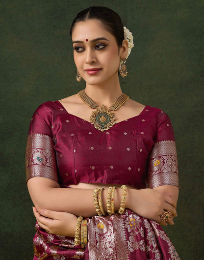 Maroon Silk Woven Banarasi Saree