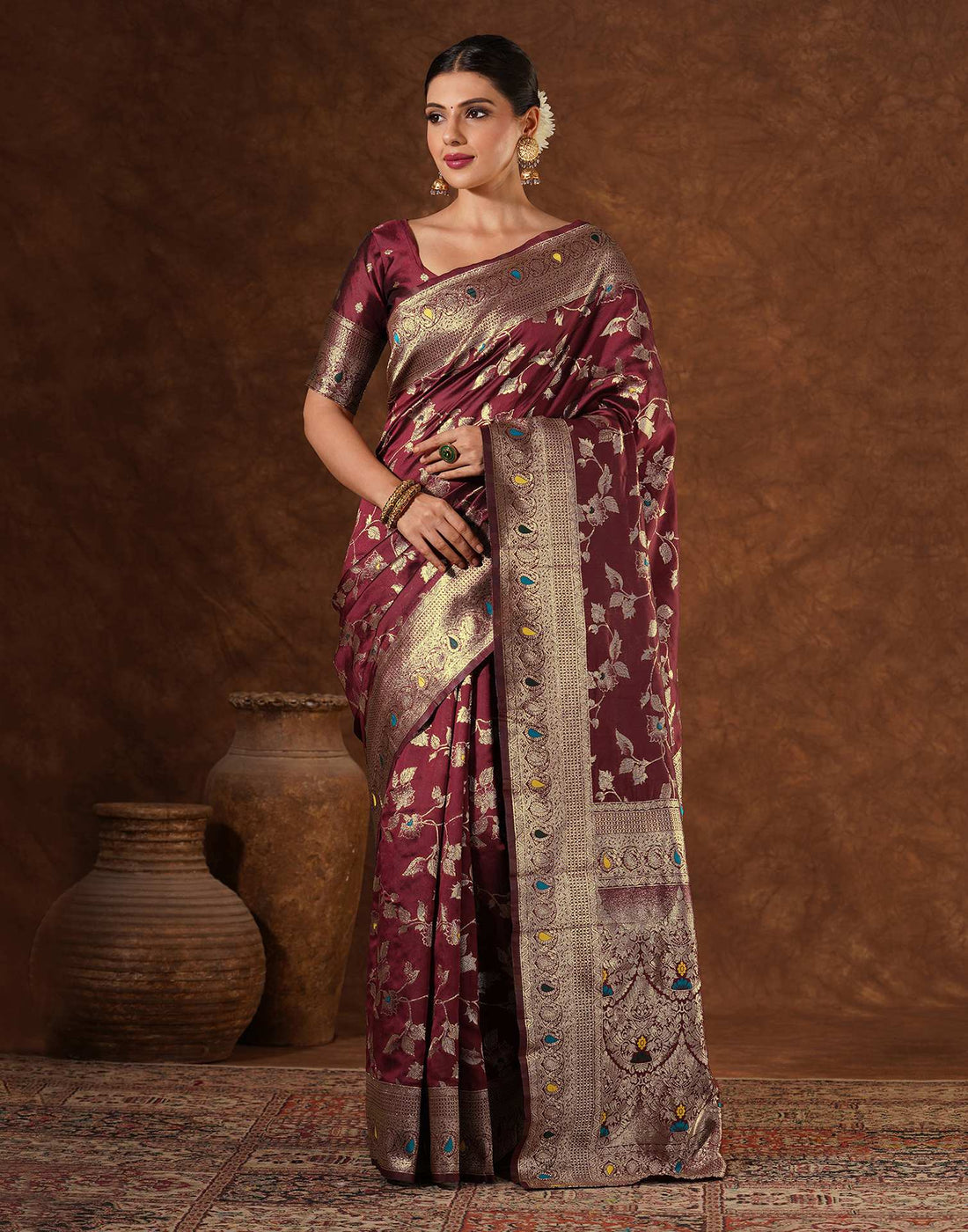 Maroon Silk Woven Banarasi Saree