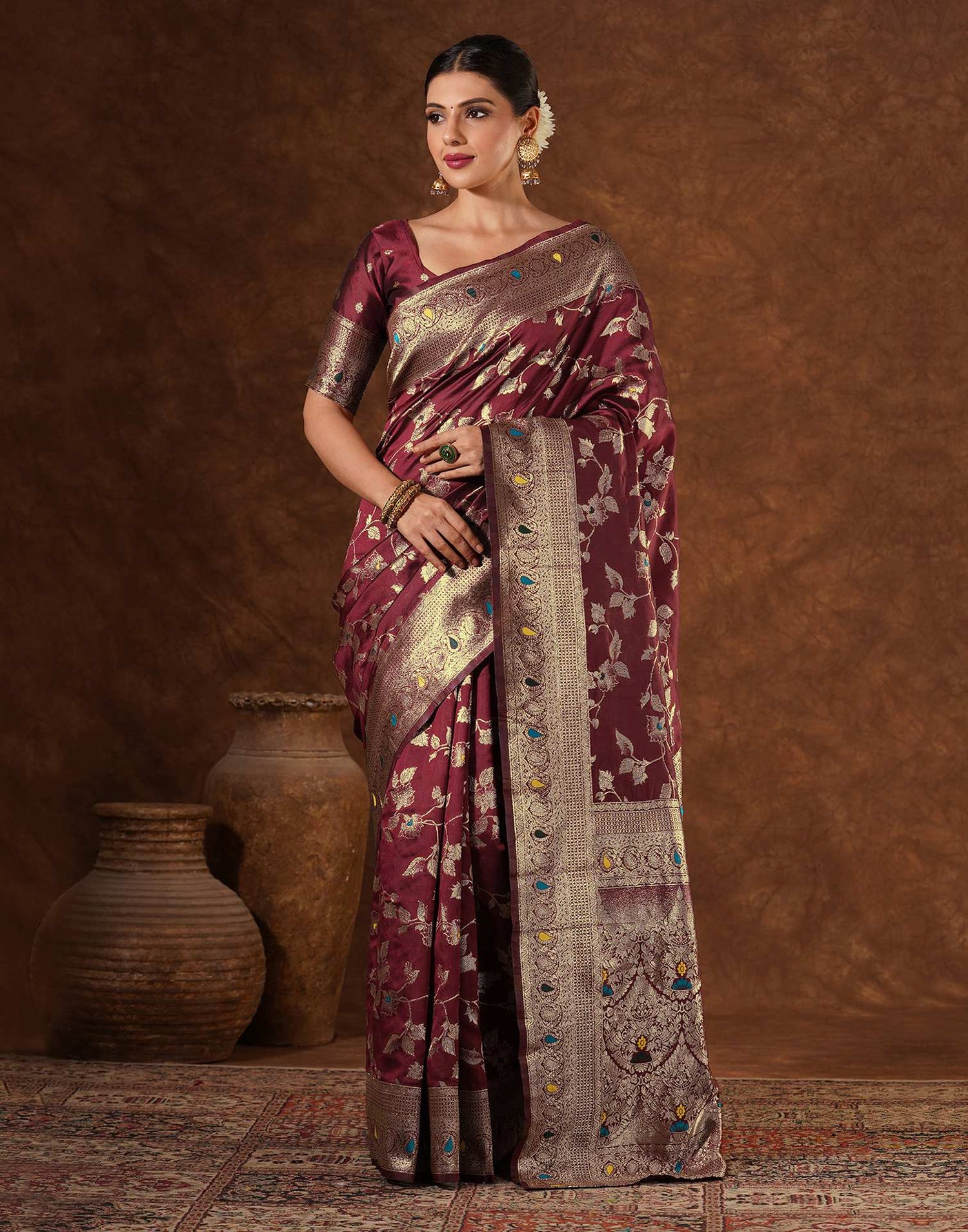 Maroon Silk Woven Banarasi Saree