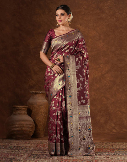 Maroon Silk Woven Banarasi Saree