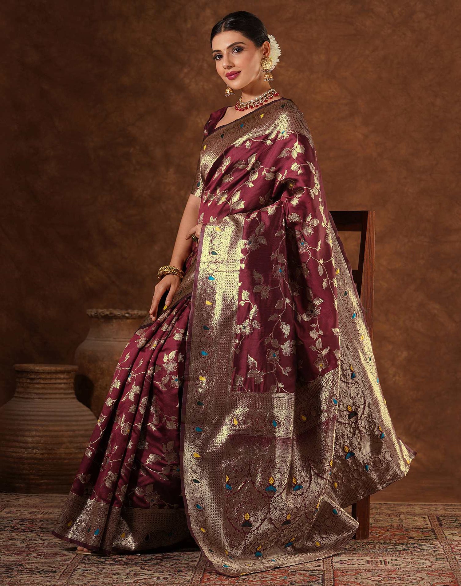 Maroon Silk Woven Banarasi Saree