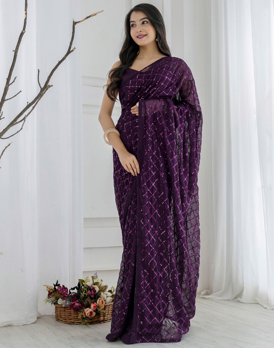 Ready To Wear Wine Georgette Sequence Work Saree