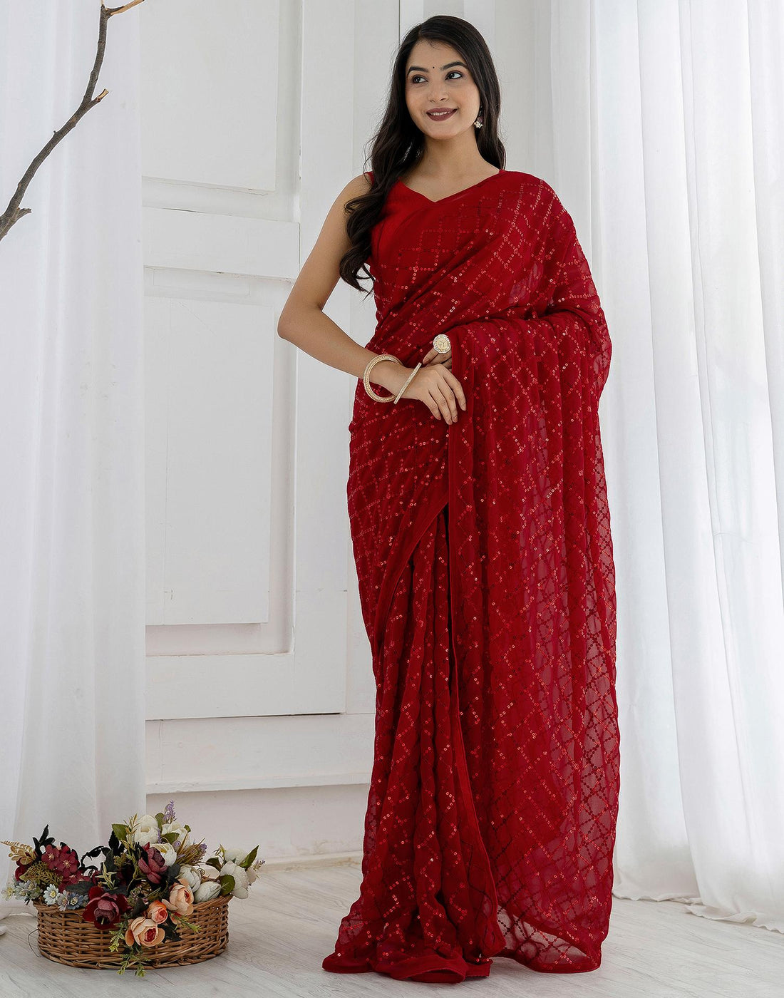 Ready To Wear Red Georgette Sequence Work Saree