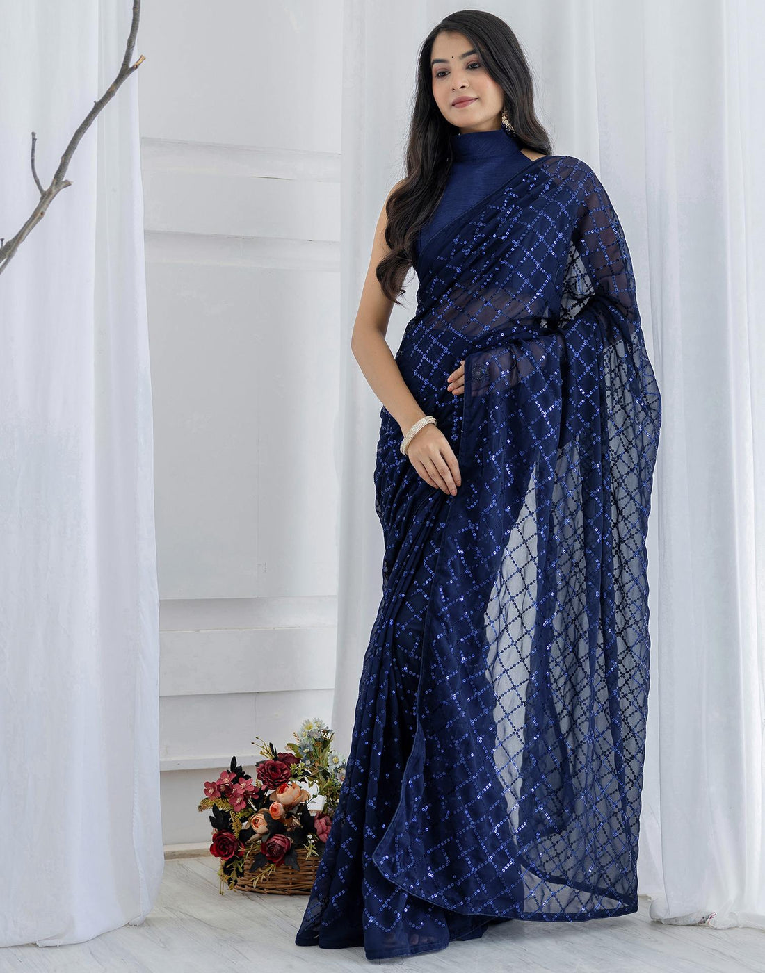 Ready To Wear Dark Blue Georgette Sequence Work Saree