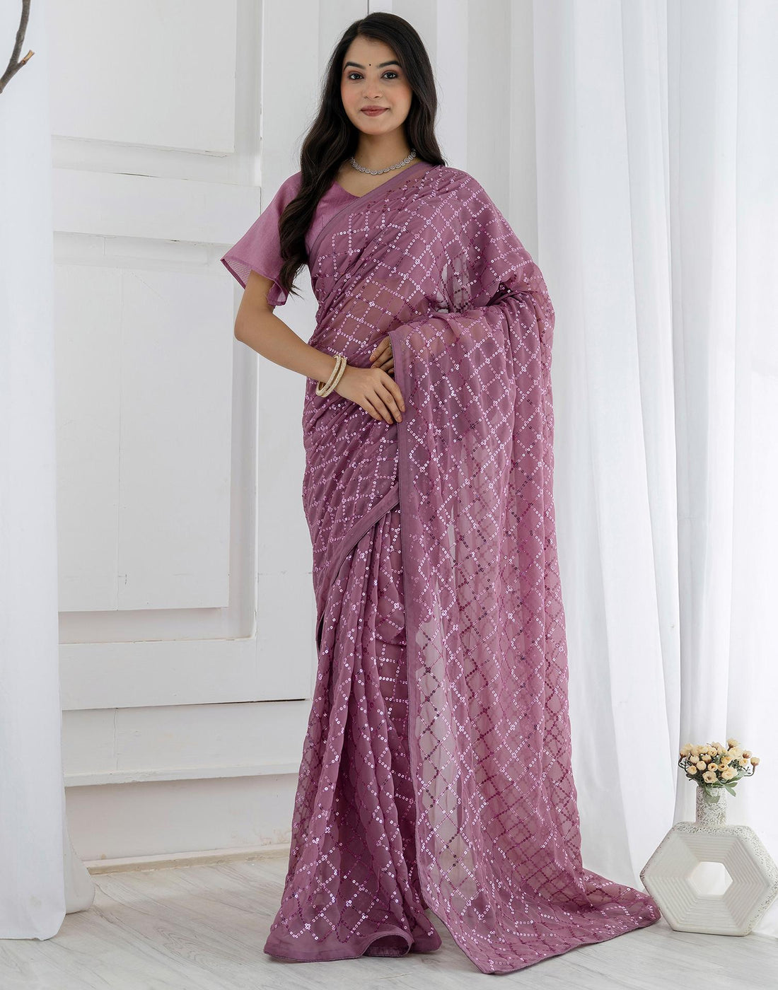 Ready To Wear Light Purple Georgette Sequence Work Saree