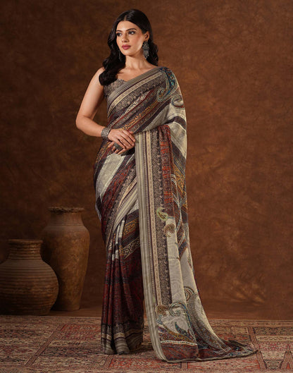 Red Satin Printed Saree