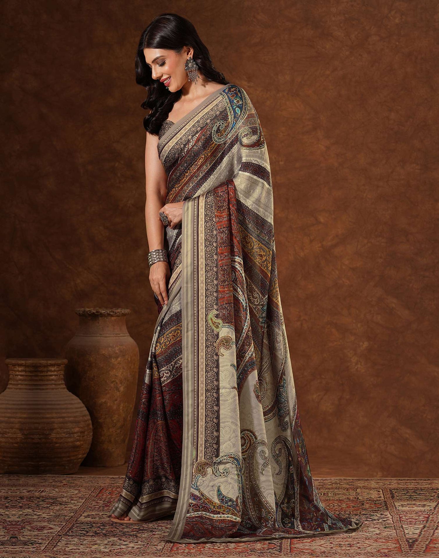 Red Satin Printed Saree