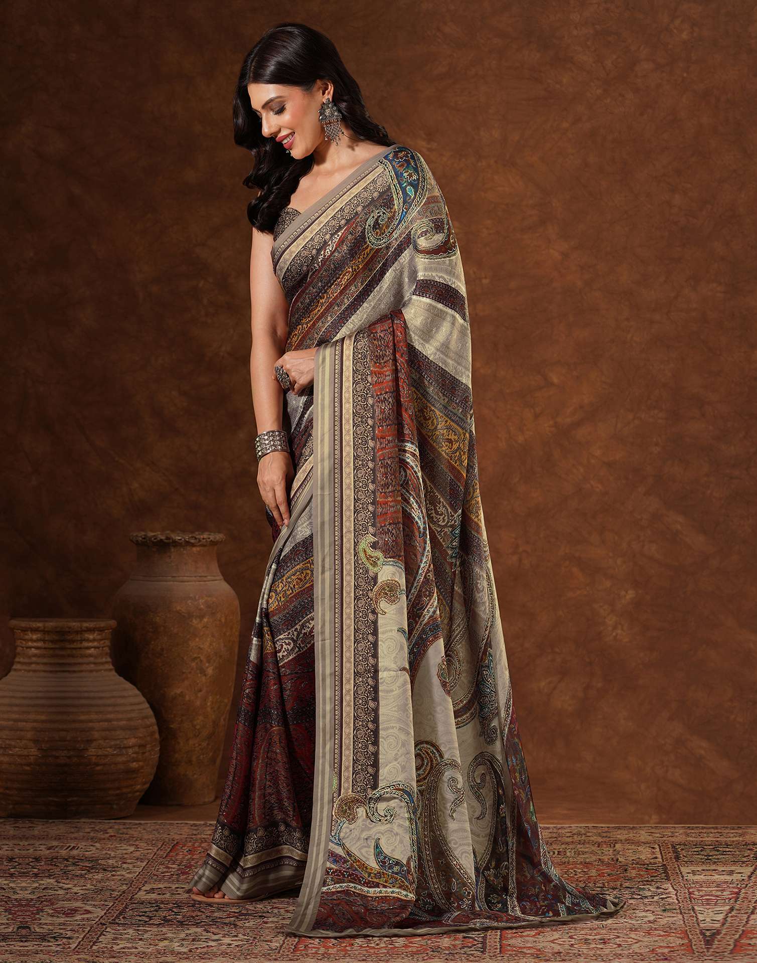 Red Satin Printed Saree