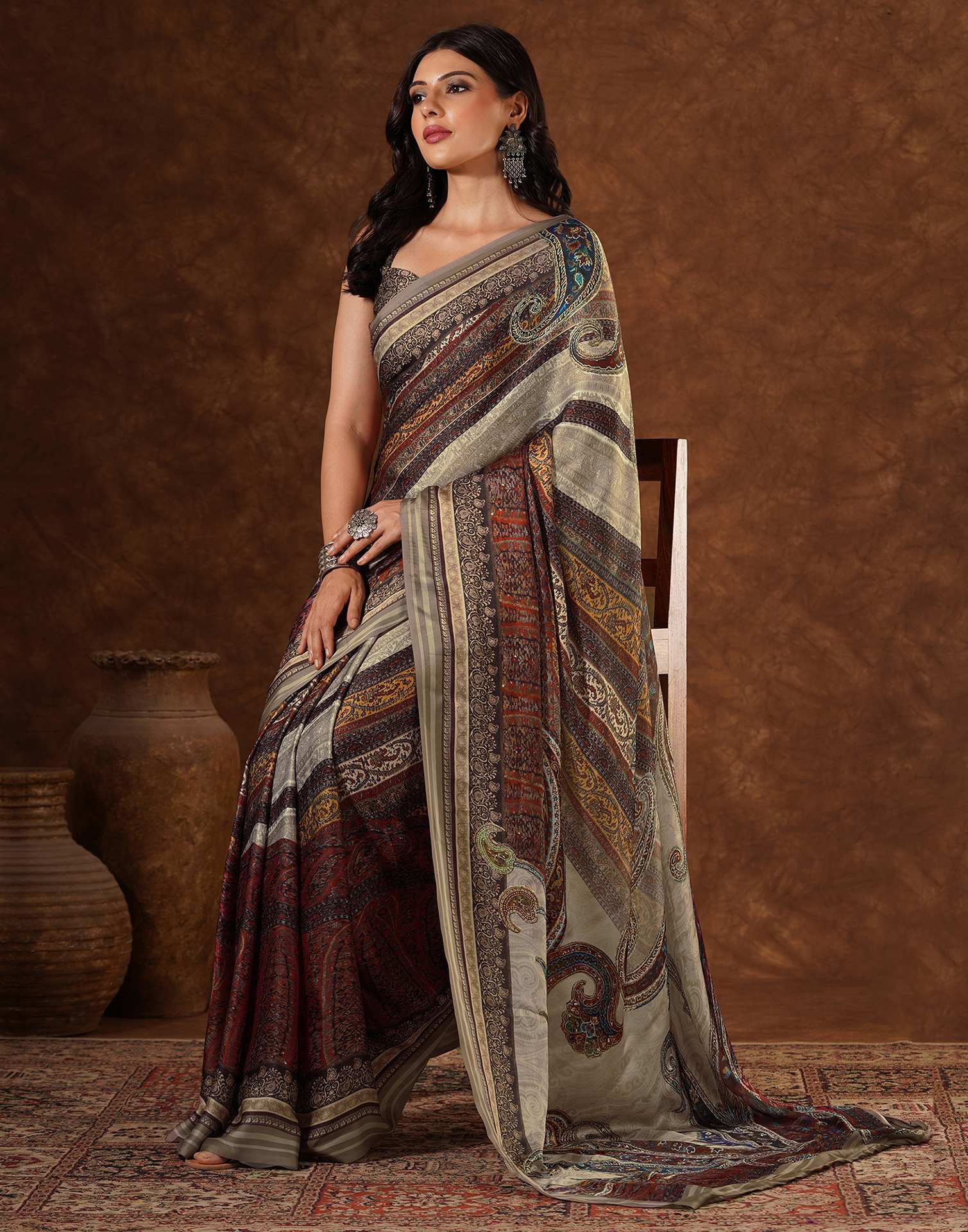 Red Satin Printed Saree