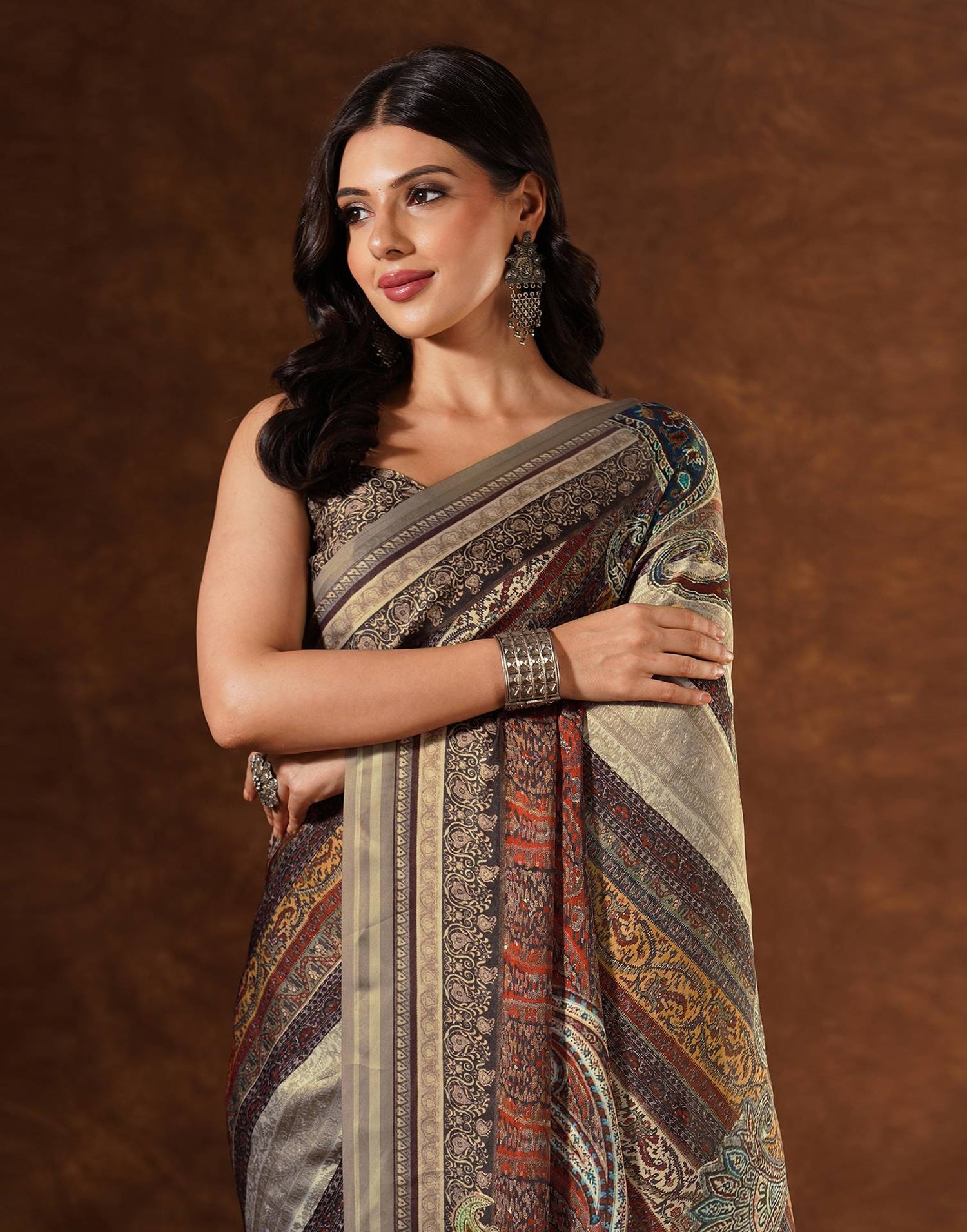 Red Satin Printed Saree