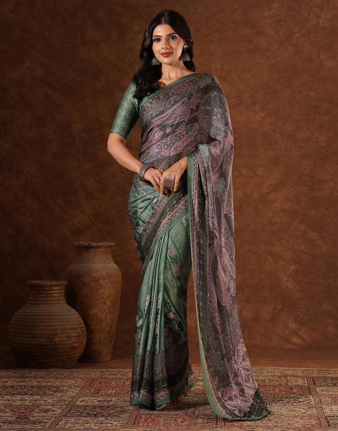 Green Satin Printed Saree