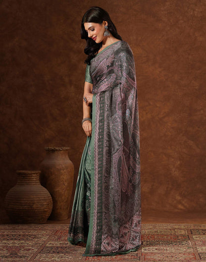 Green Satin Printed Saree