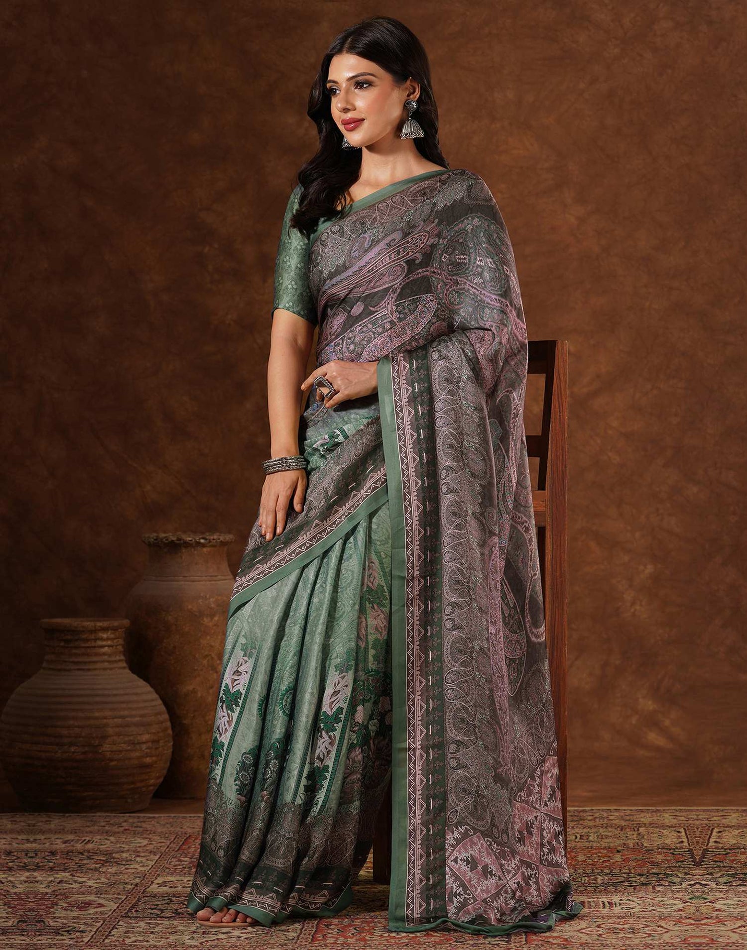 Green Satin Printed Saree