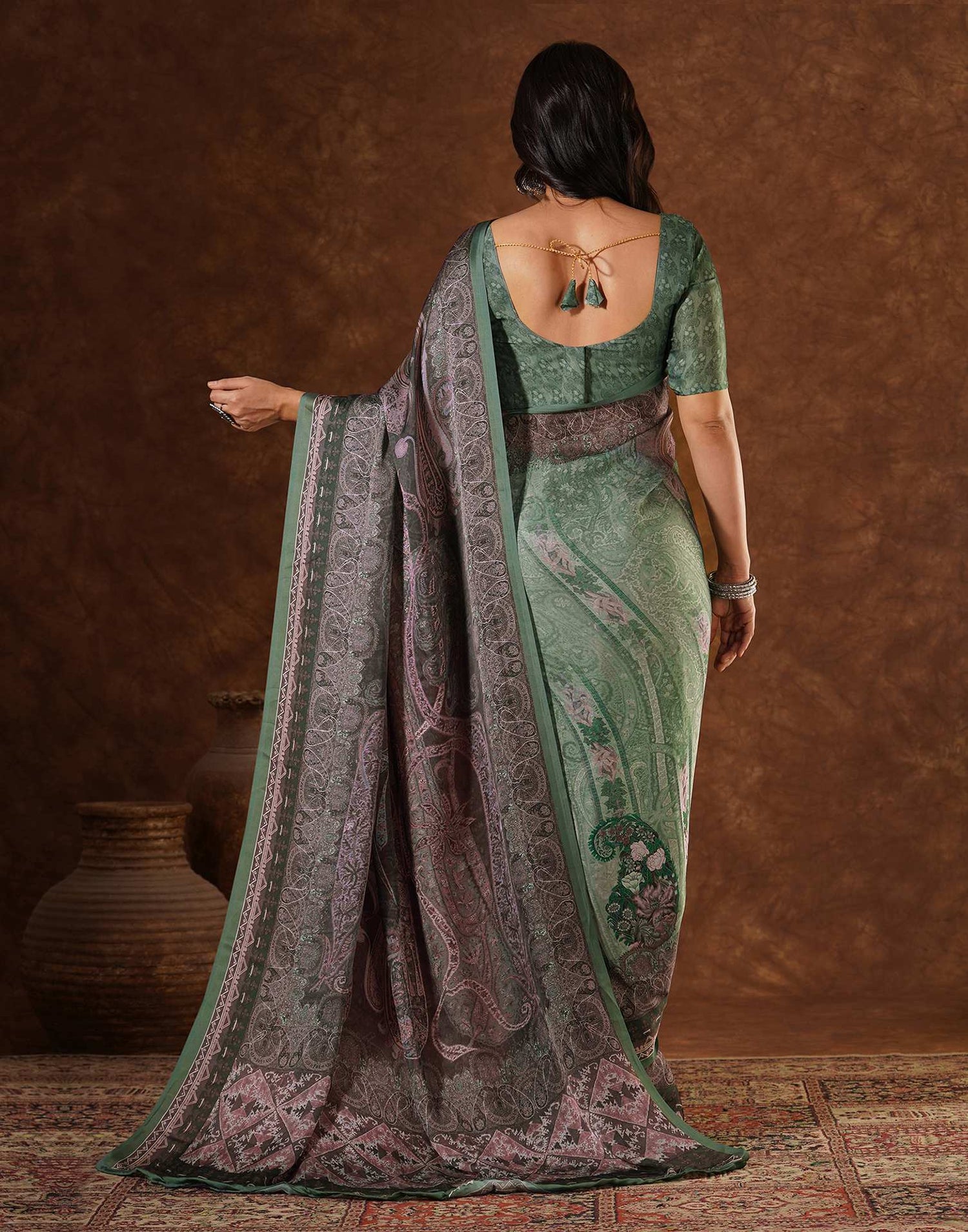 Green Satin Printed Saree
