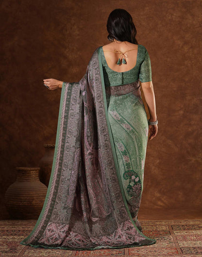 Green Satin Printed Saree