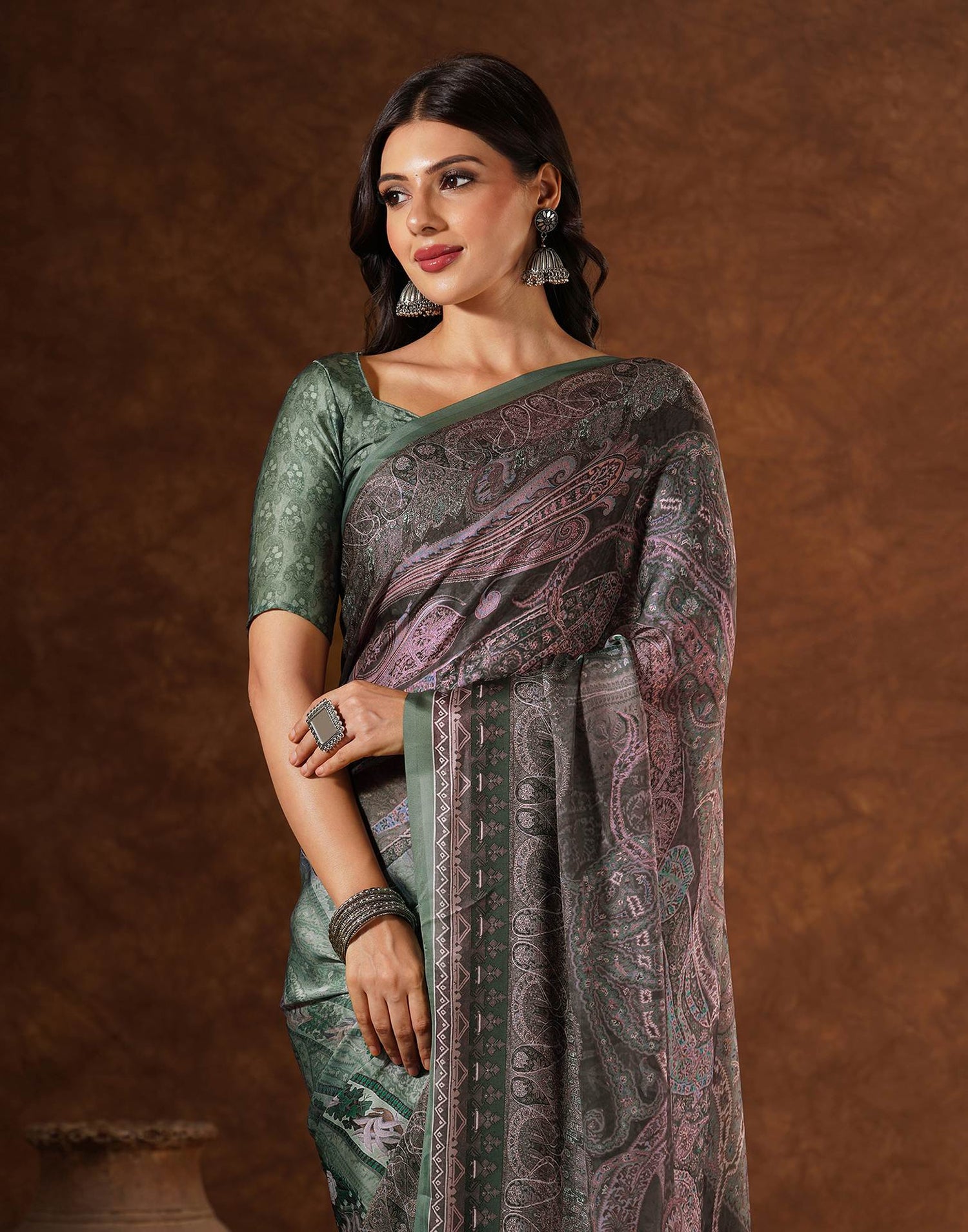 Green Satin Printed Saree