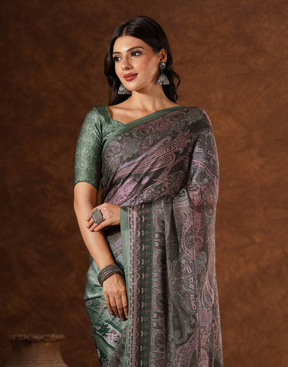 Green Satin Printed Saree