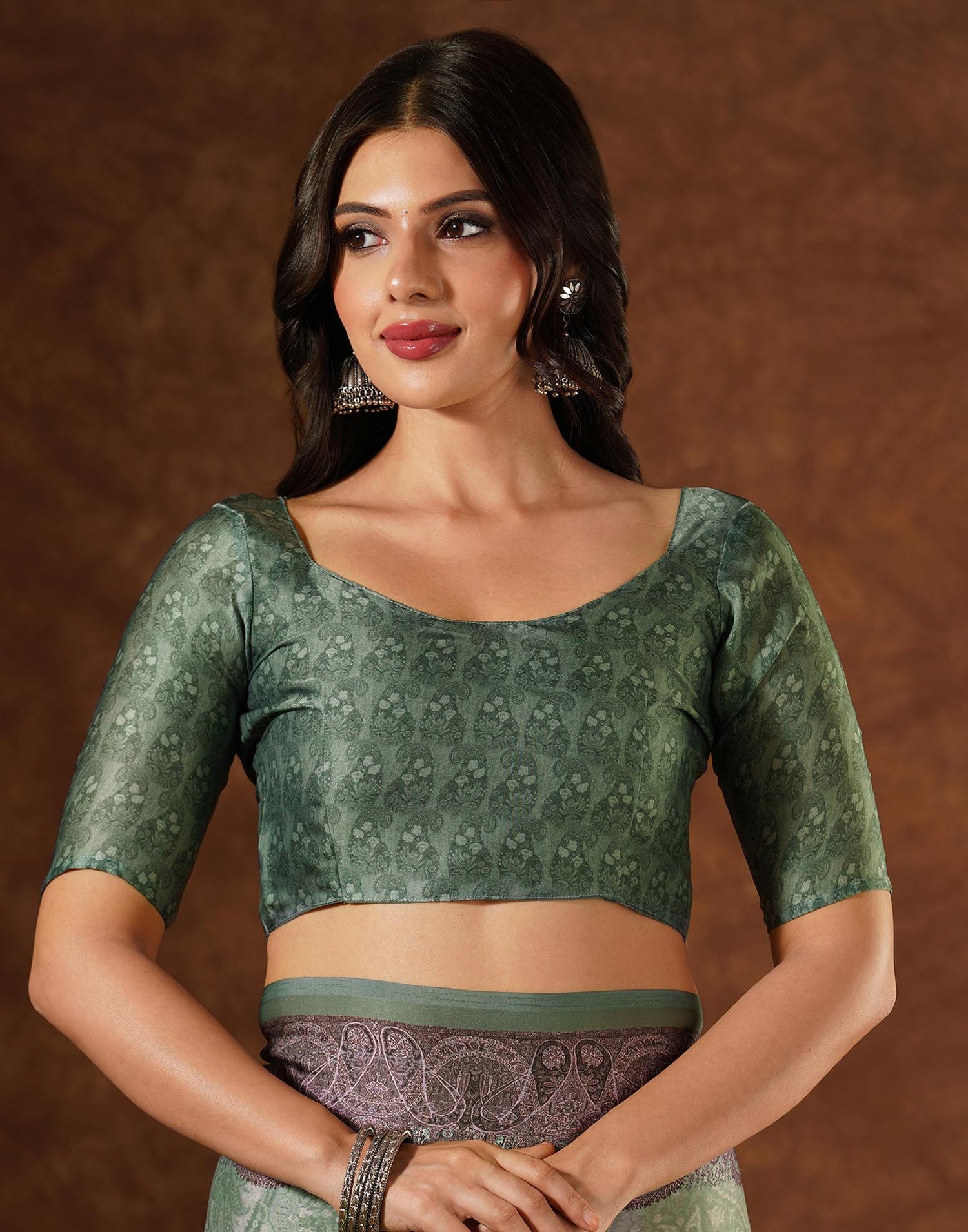 Green Satin Printed Saree