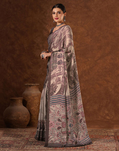 Brown Satin Printed Saree