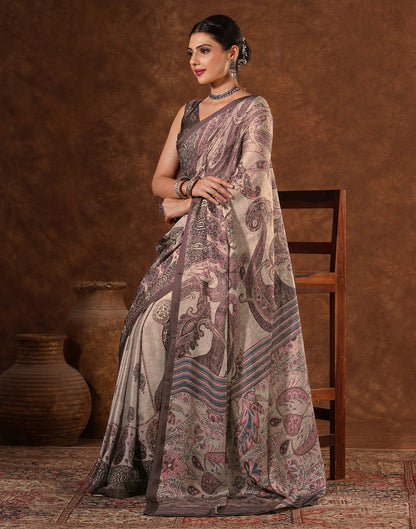 Brown Satin Printed Saree