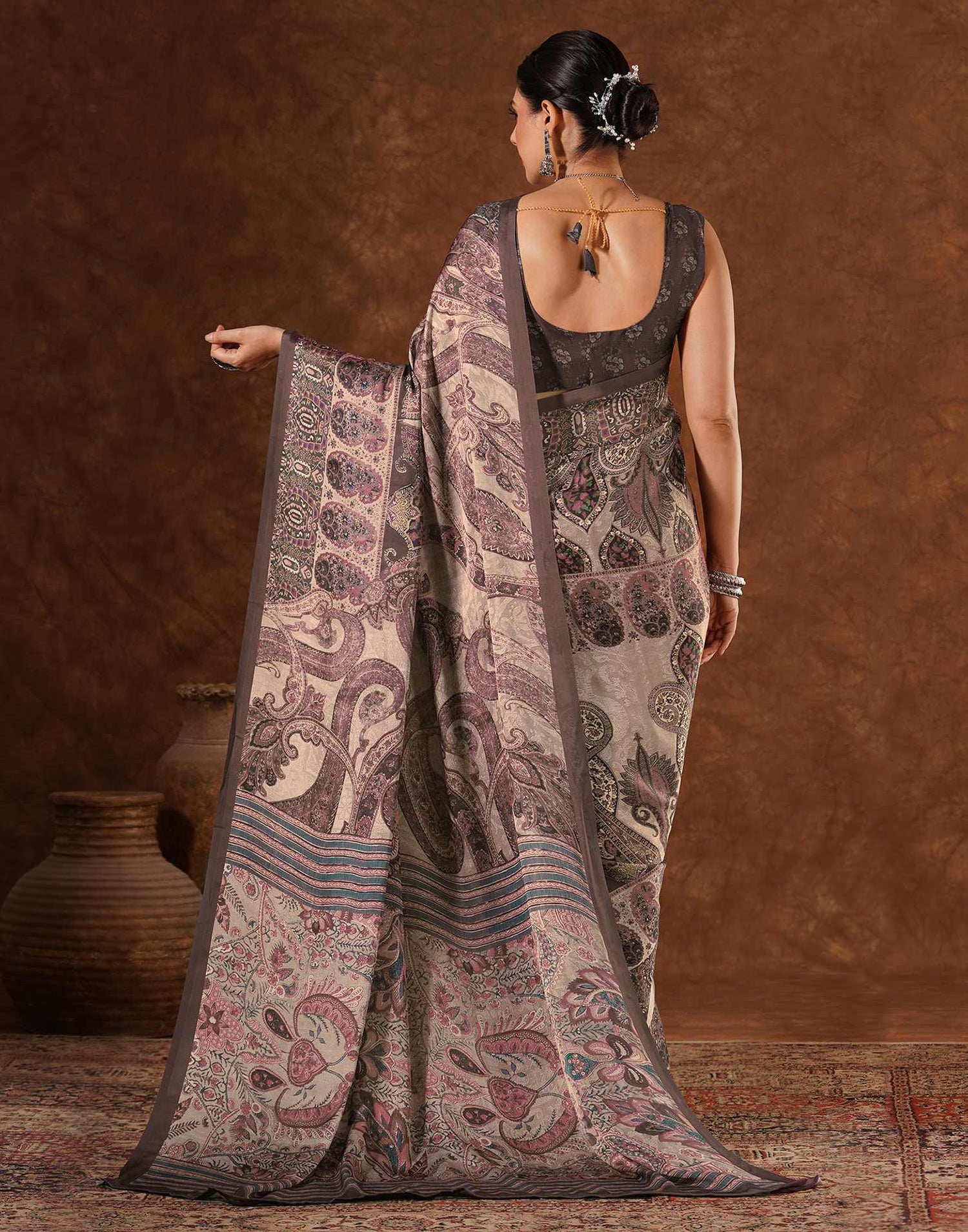 Brown Satin Printed Saree