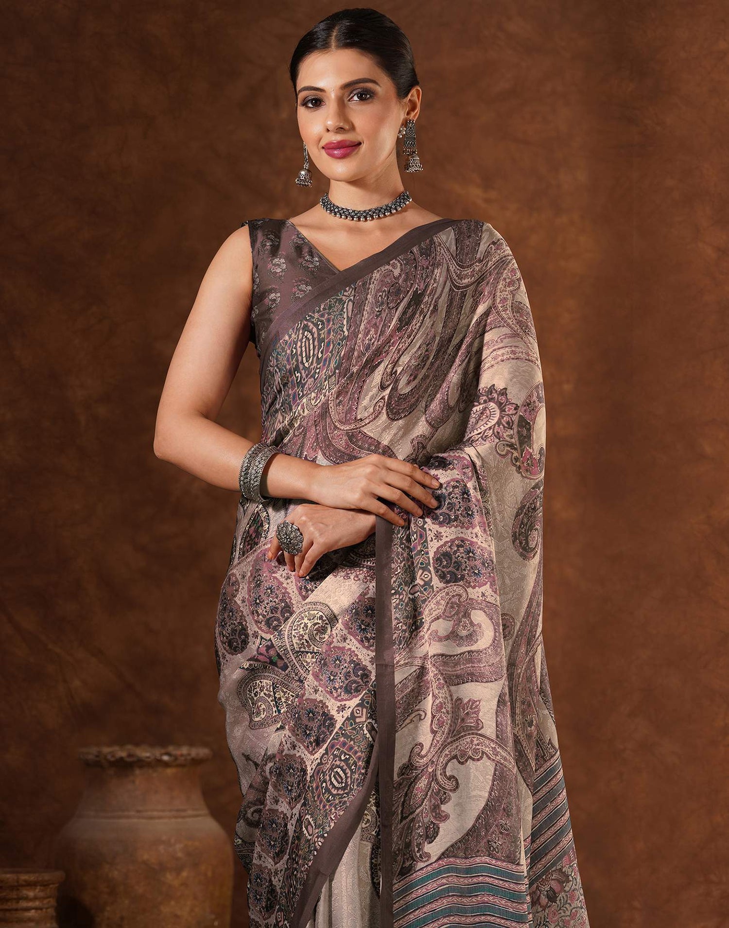 Brown Satin Printed Saree