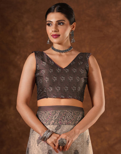 Brown Satin Printed Saree
