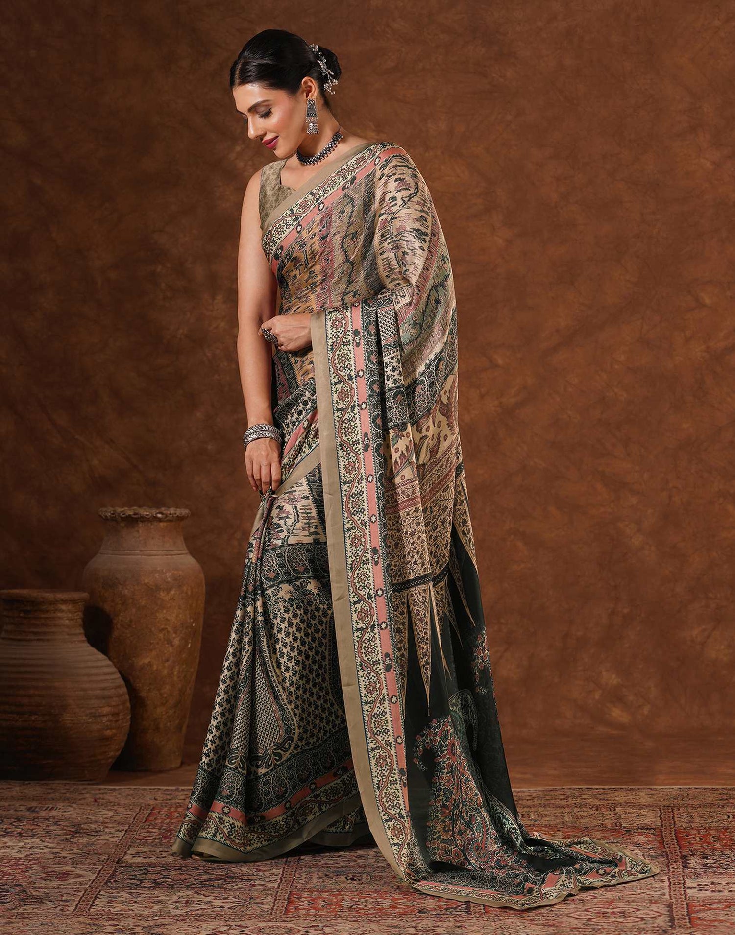 Beige Satin Printed Saree