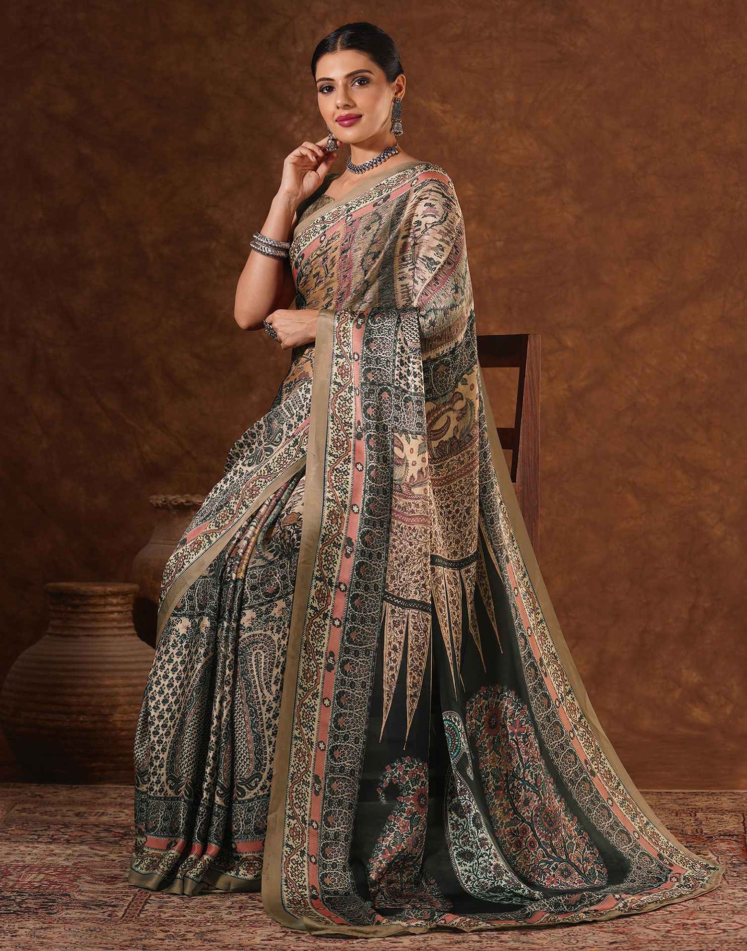 Beige Satin Printed Saree