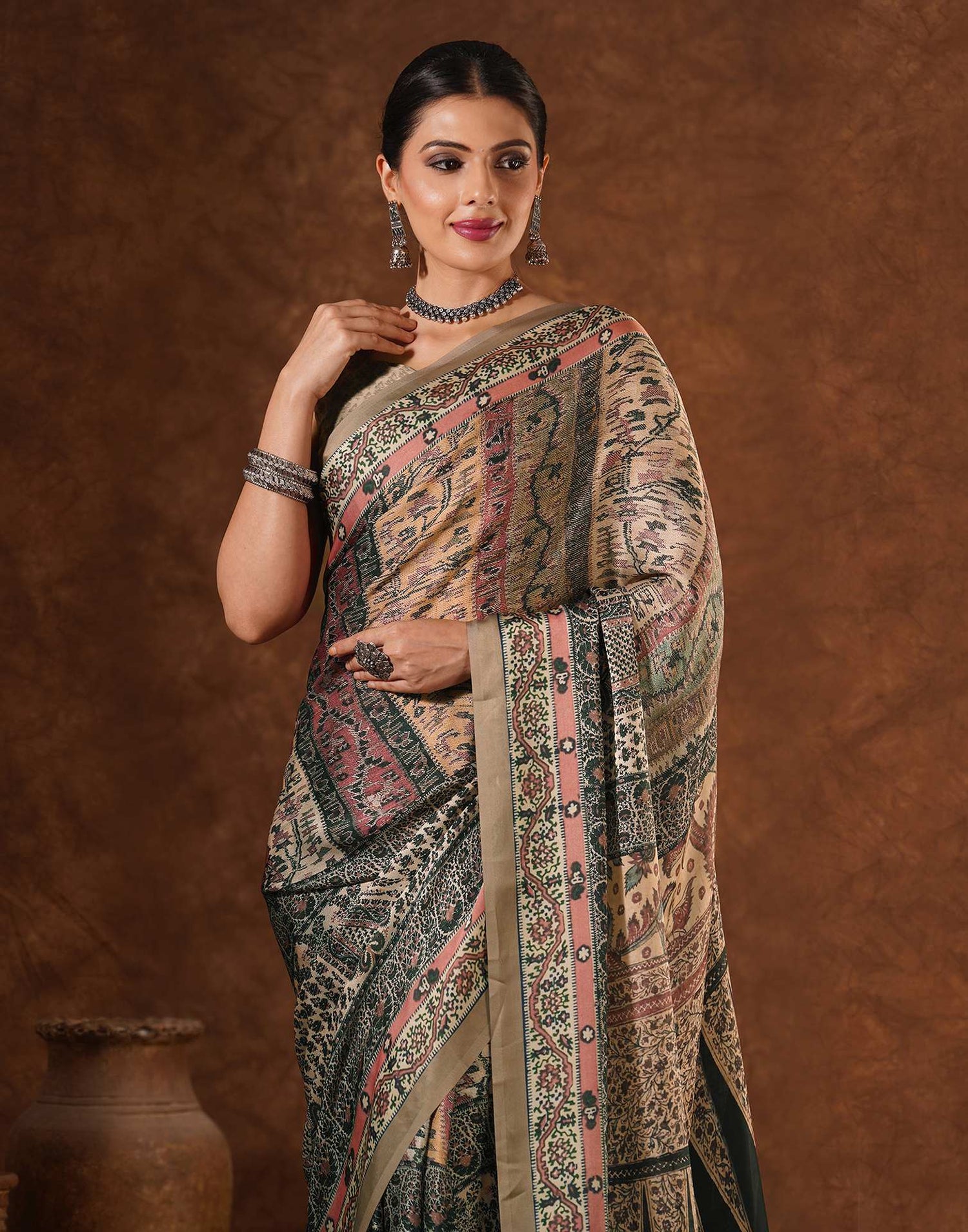 Beige Satin Printed Saree