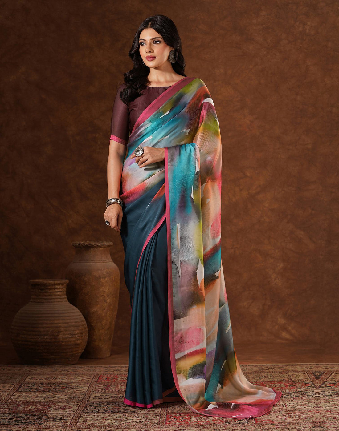 Green Satin Printed Saree