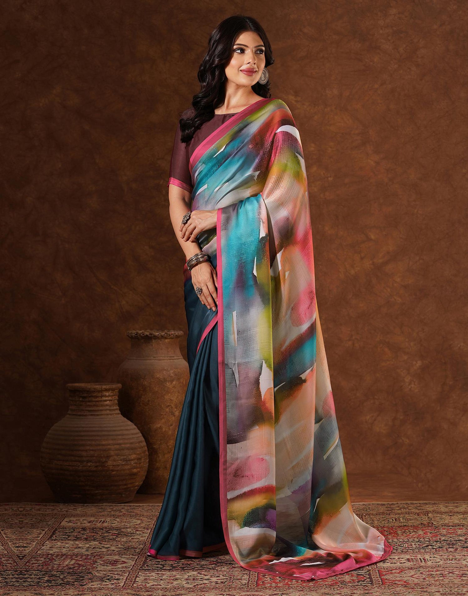 Green Satin Printed Saree