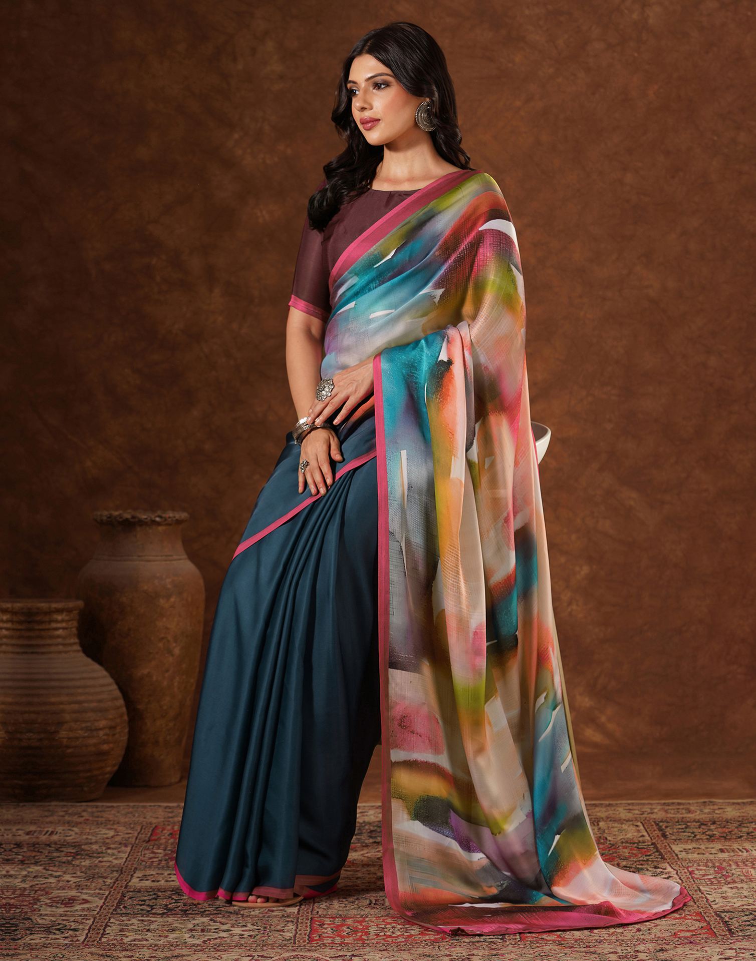 Green Satin Printed Saree