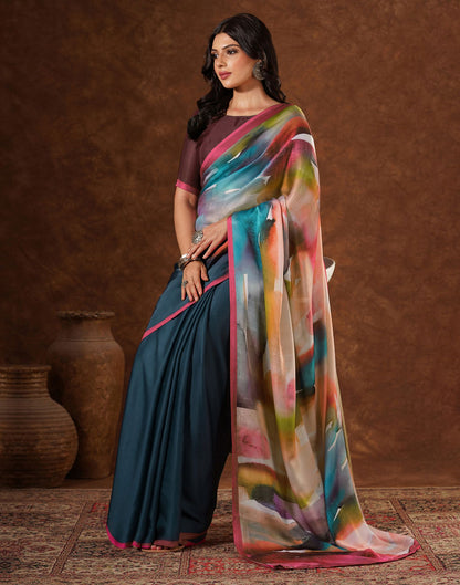 Green Satin Printed Saree