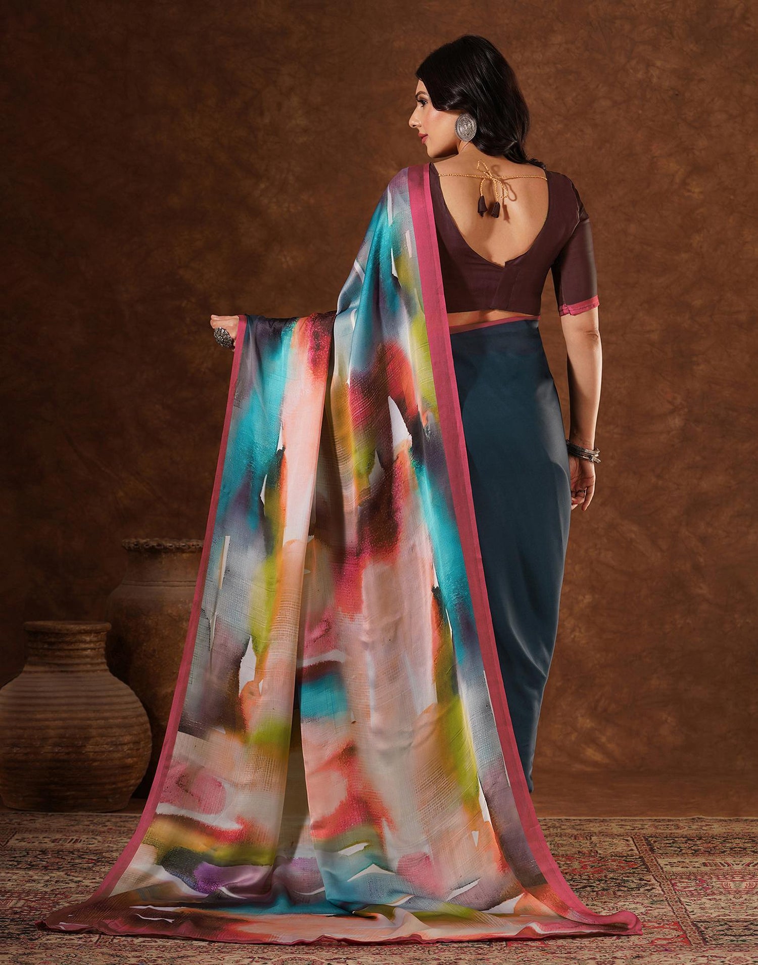 Green Satin Printed Saree