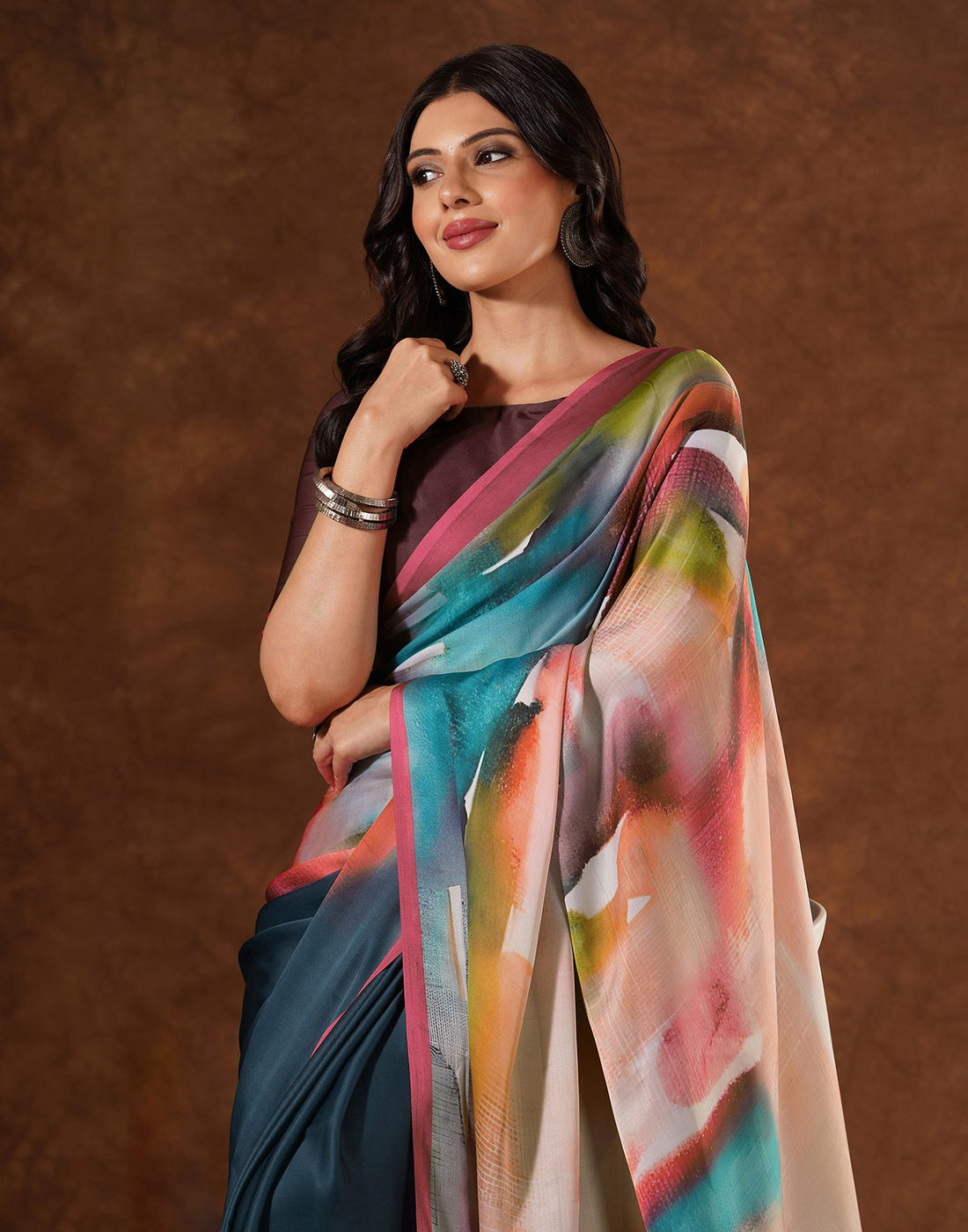 Green Satin Printed Saree
