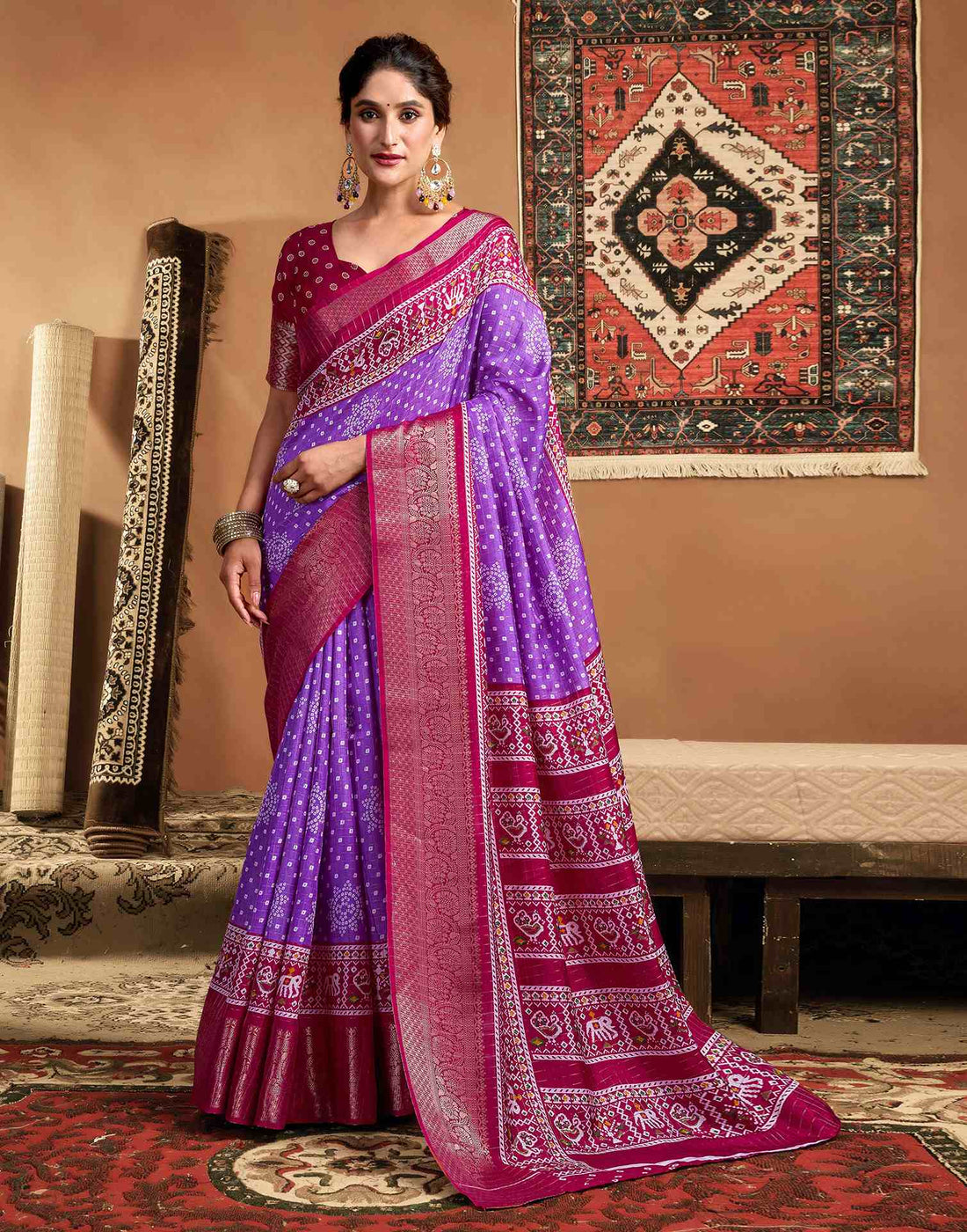 Purple Silk Printed Bandhani Saree