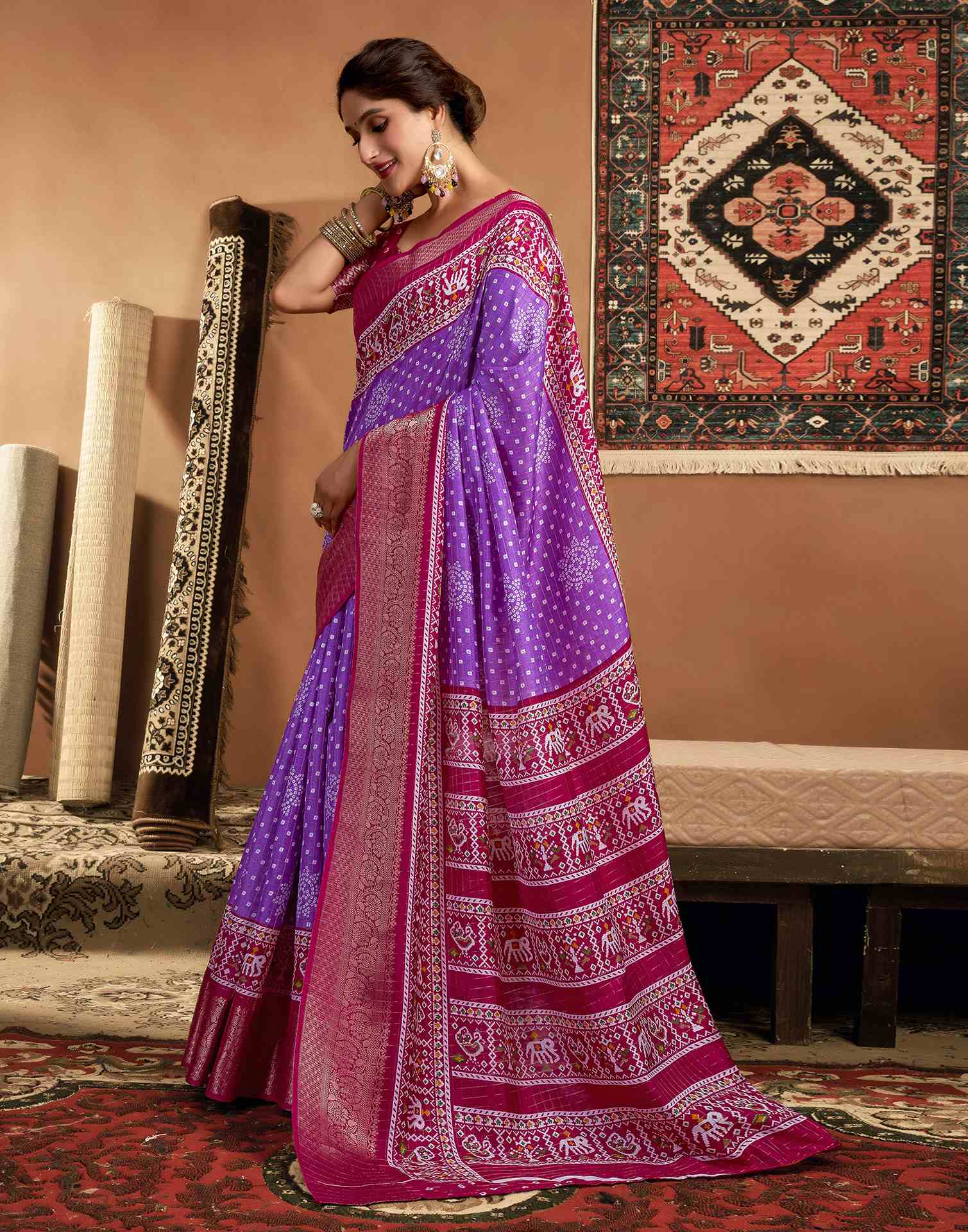 Purple Silk Printed Bandhani Saree