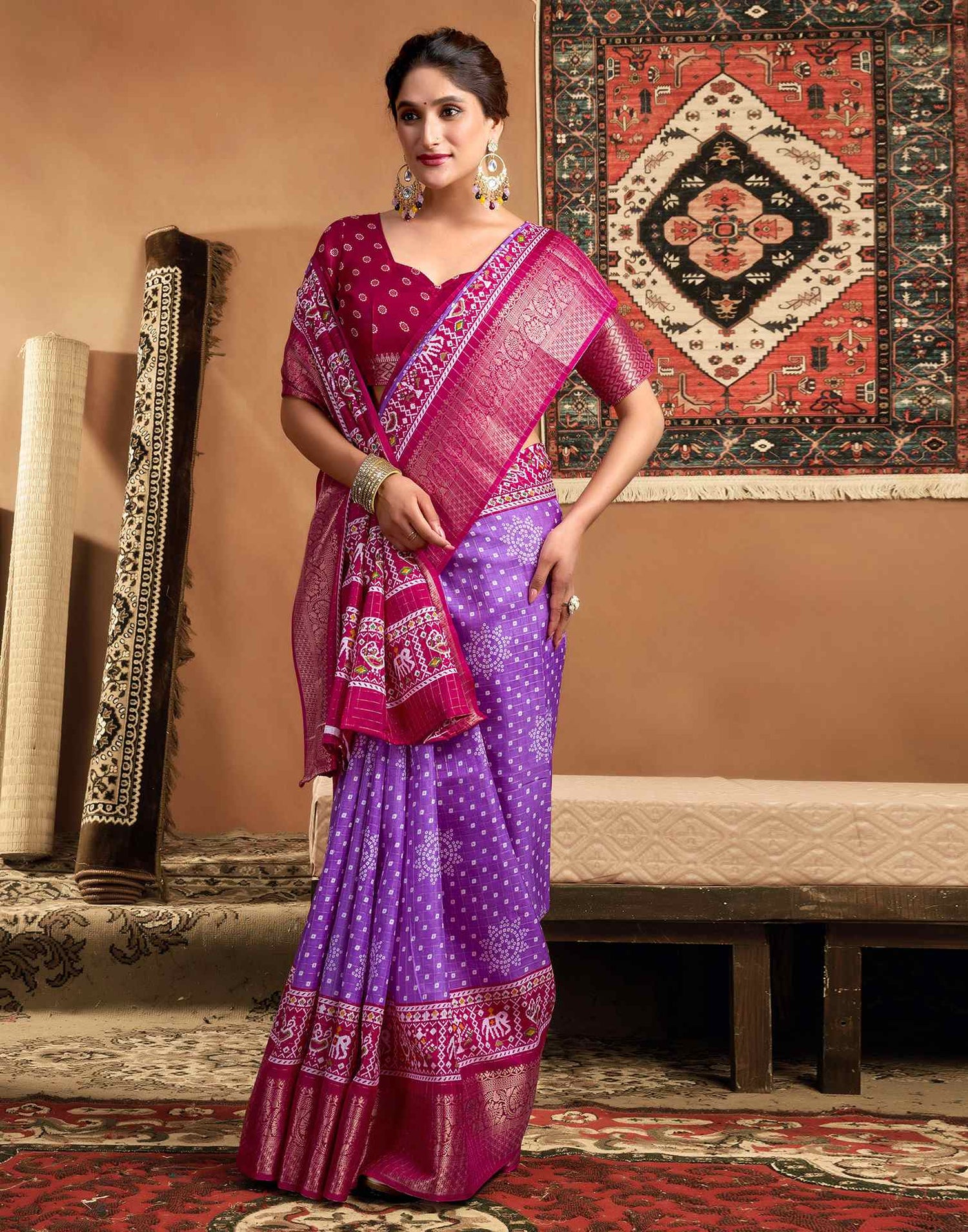 Purple Silk Printed Bandhani Saree