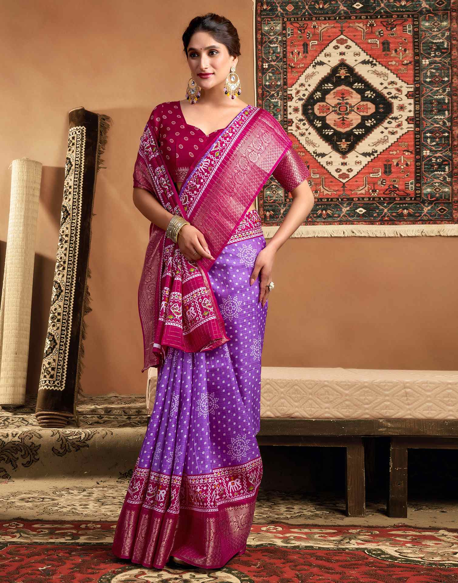 Purple Silk Printed Bandhani Saree