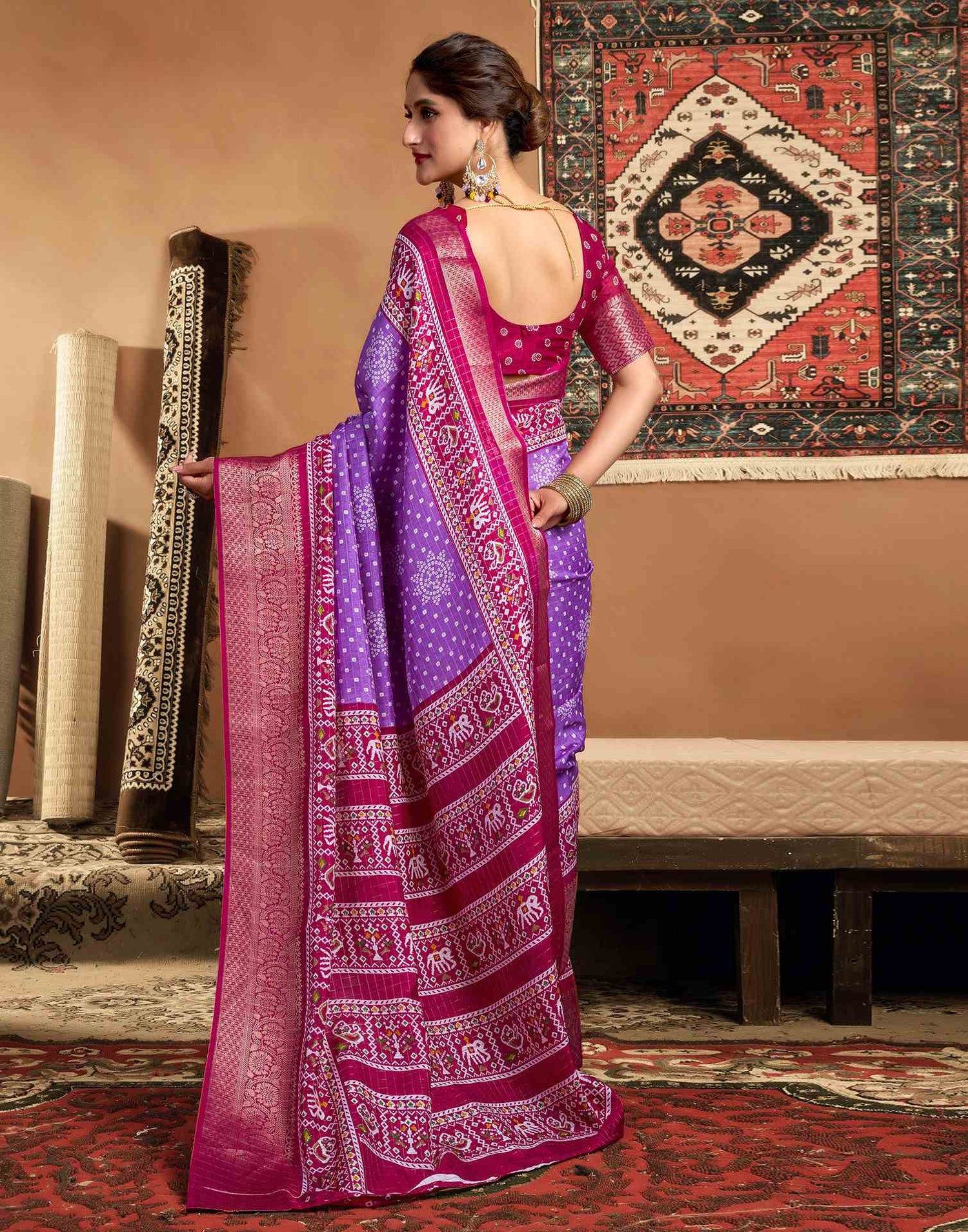 Purple Silk Printed Bandhani Saree