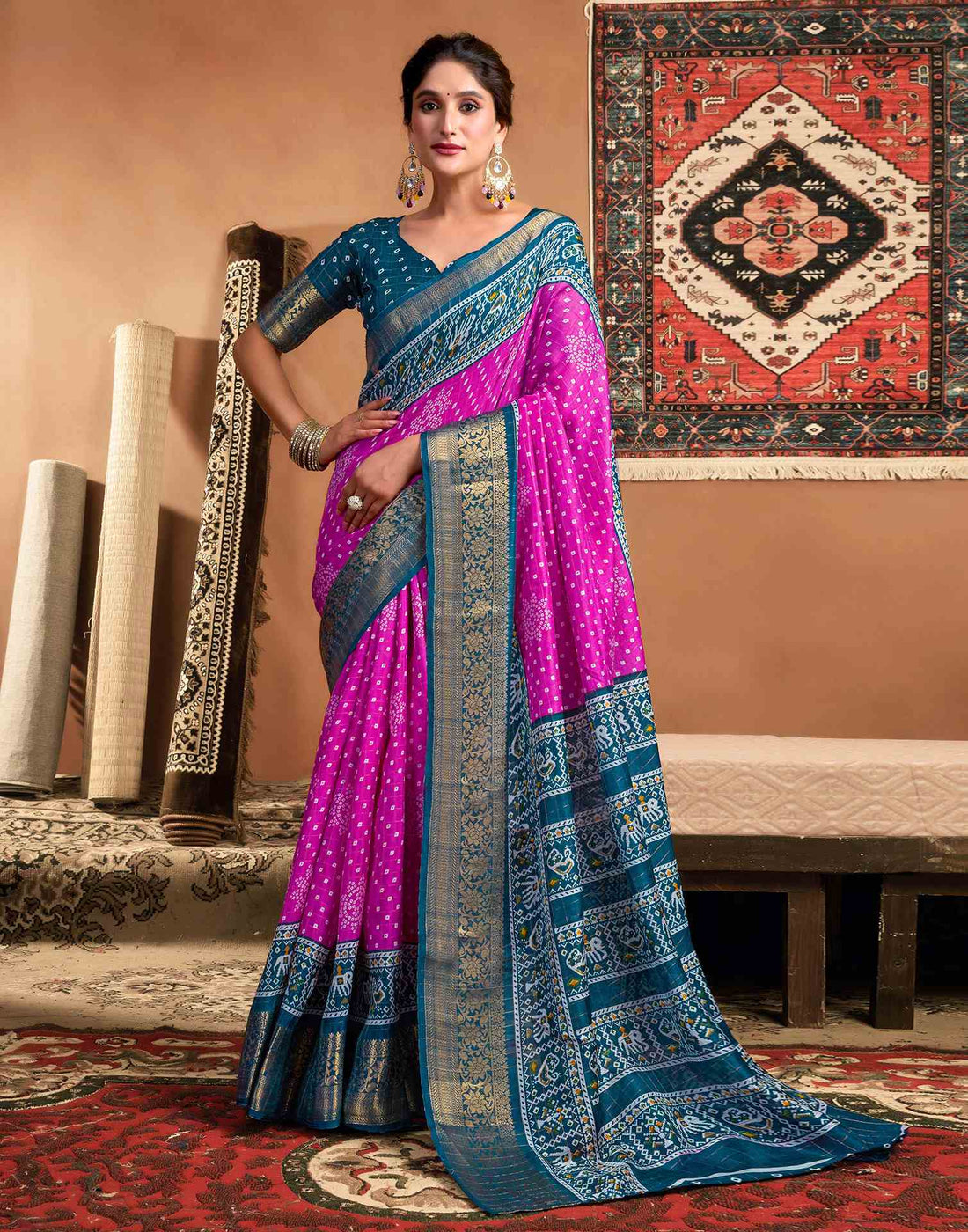 Rani Pink Silk Printed Bandhani Saree