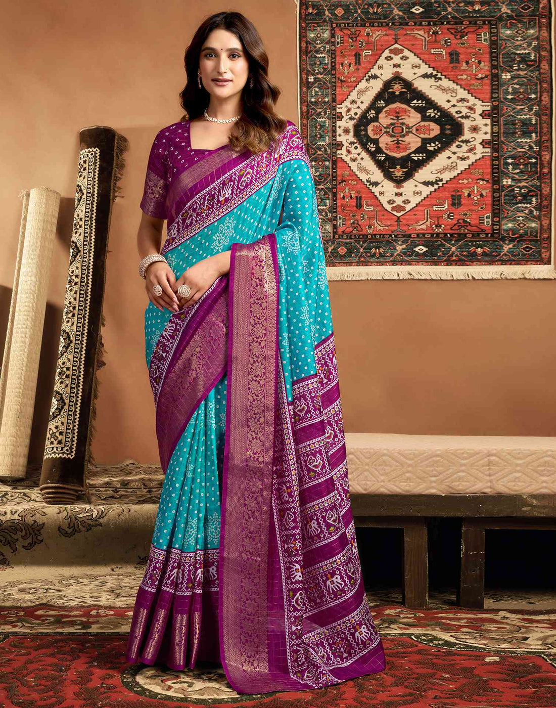 Turquoise Blue Silk Printed Bandhani Saree