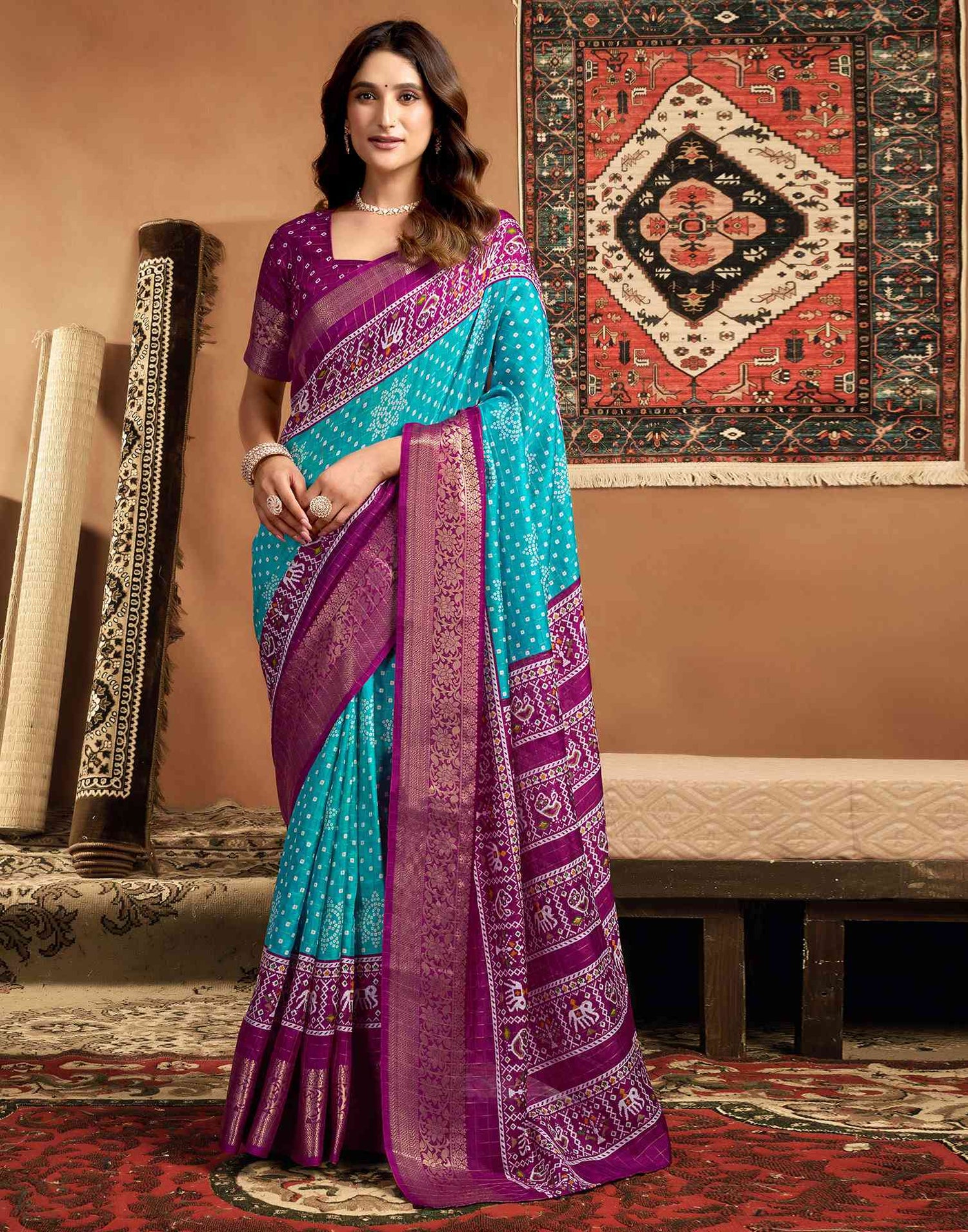 Turquoise Blue Silk Printed Bandhani Saree
