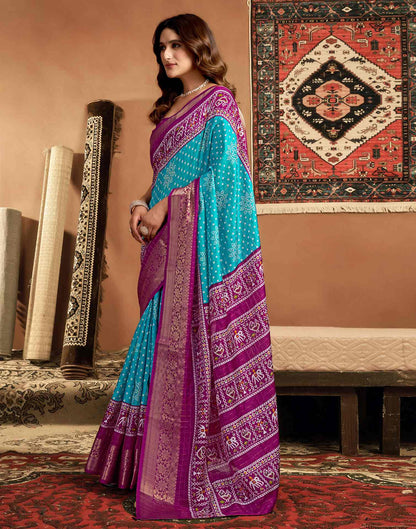 Turquoise Blue Silk Printed Bandhani Saree