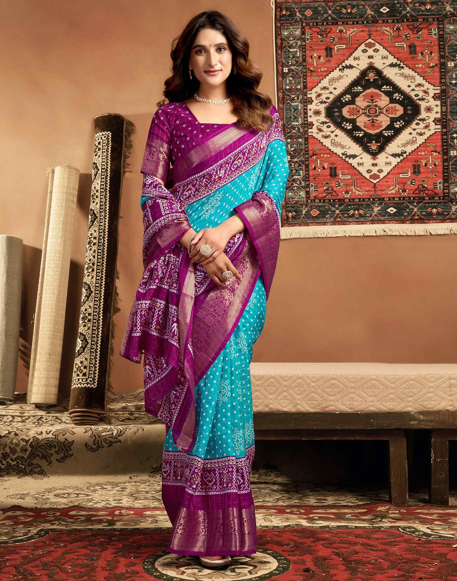 Turquoise Blue Silk Printed Bandhani Saree