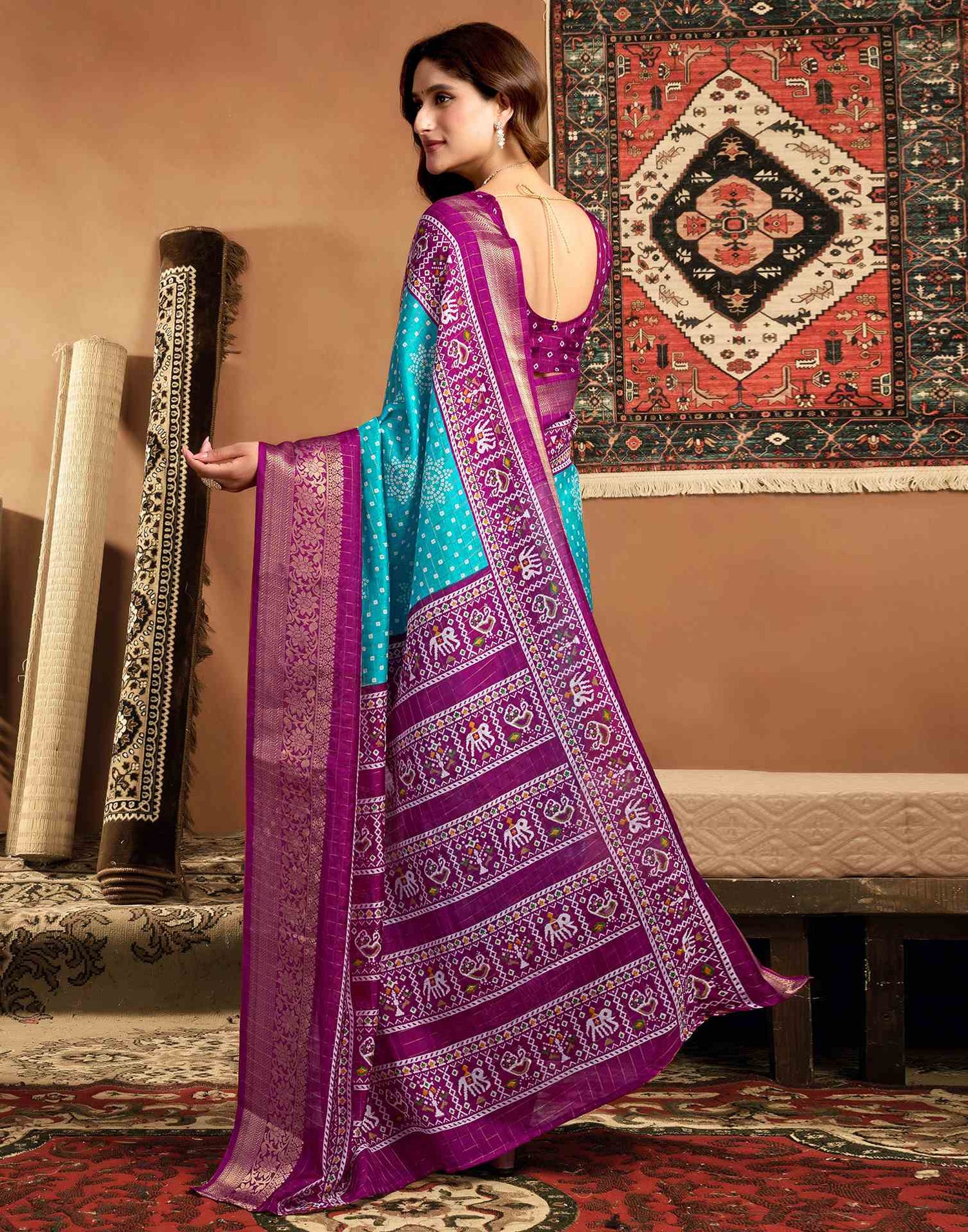 Turquoise Blue Silk Printed Bandhani Saree