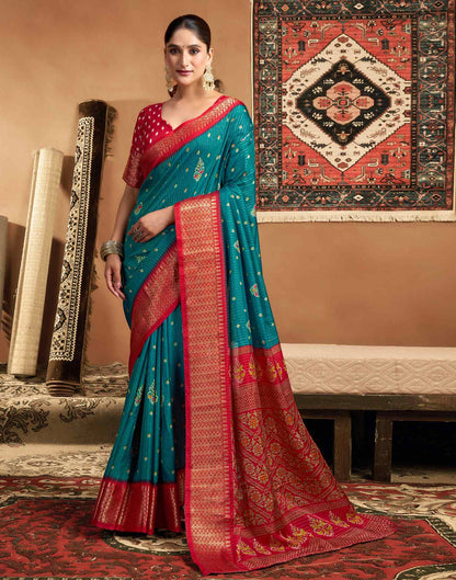 Rama Blue Silk Printed Zari Stripe Saree