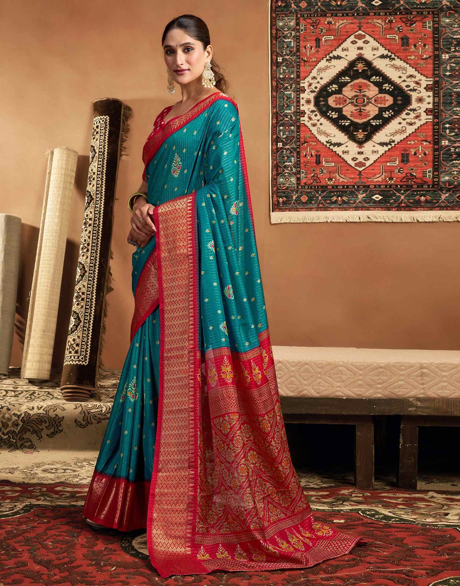 Rama Blue Silk Printed Zari Stripe Saree