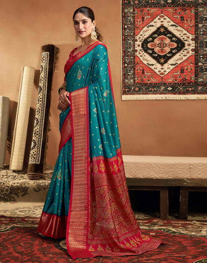 Rama Blue Silk Printed Zari Stripe Saree